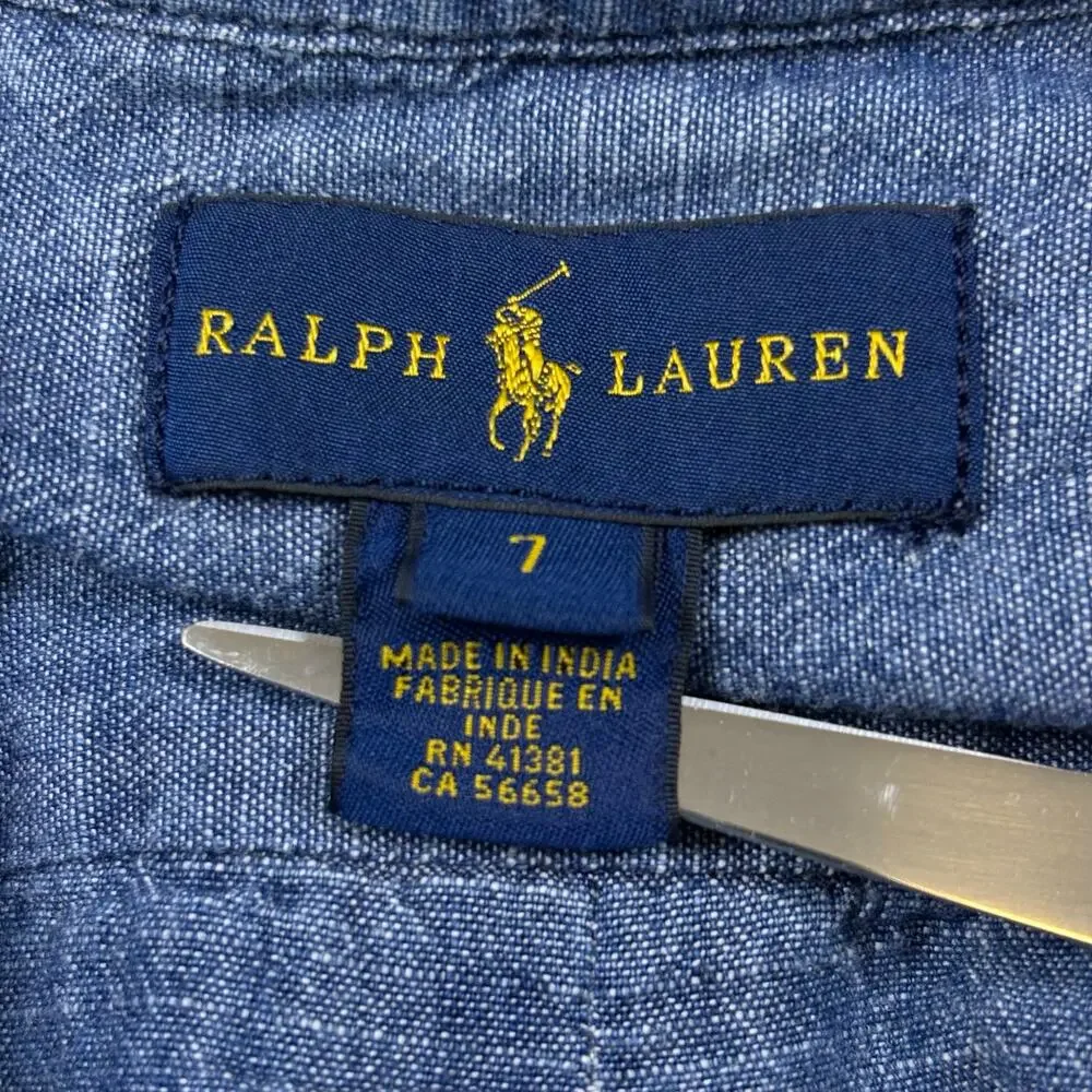 Ralph Lauren Chambray Button Down Shirt Boys 7 Blue Denim Preppy Americana